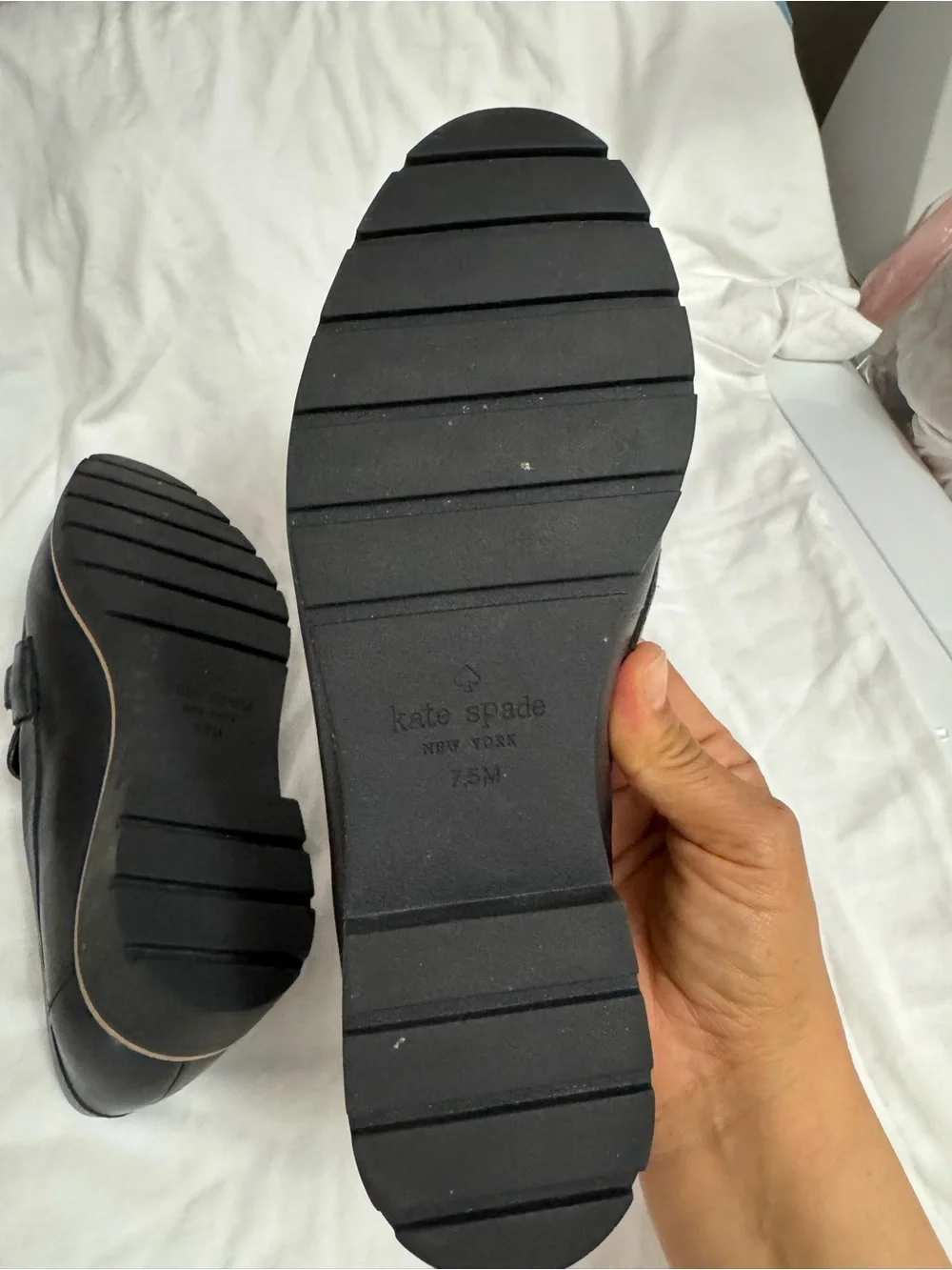 kate spade Black Leather Loafers with Gold Chain Hardware